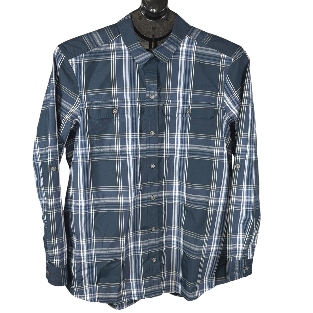 Eddie Bauer Womens Plaid Classic Fit Roll Tab‎ Button Up Shirt Blue Medium